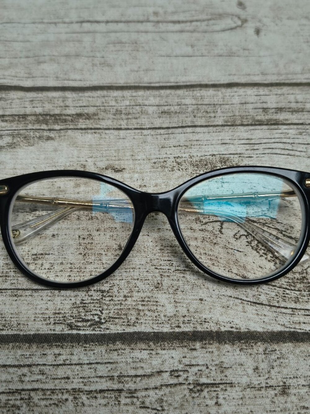 Gucci Eyewear Bamboo Detail Gold Arms  Black Cat Eye Frames